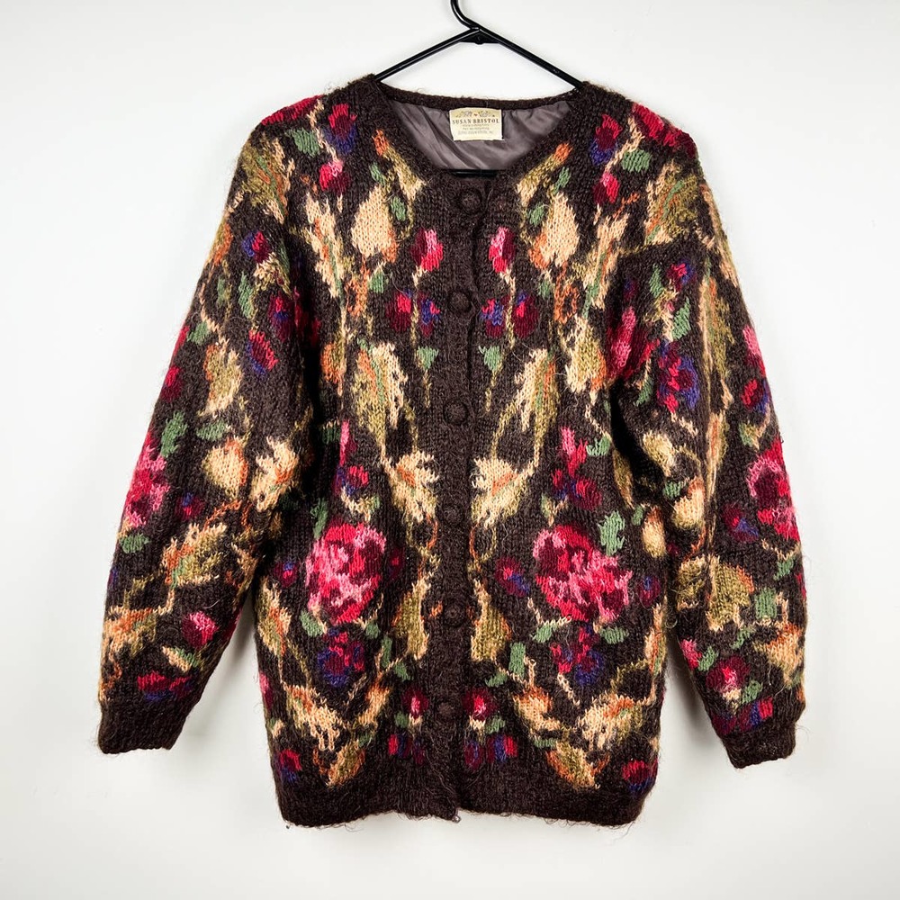 Vintage Susan Bristol Oversize Brown Cardigan Garden Mohair Sweater Sz Medium